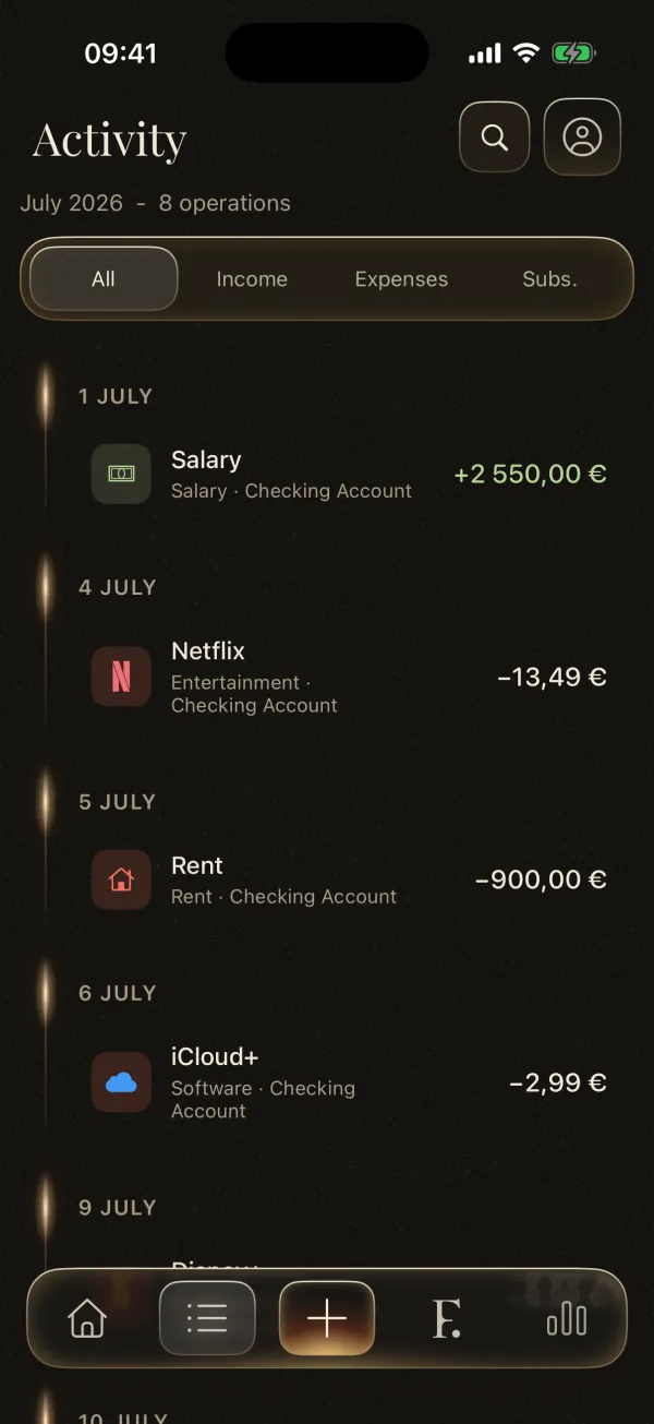 Finely Activity screen listing transactions
