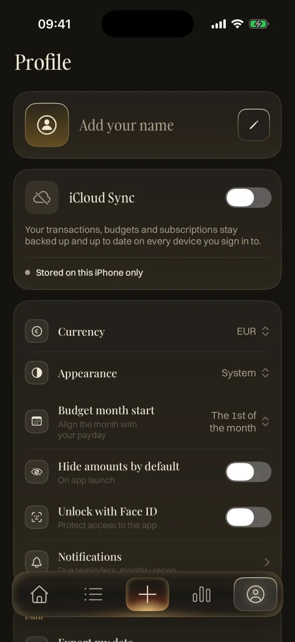 Finely Profile screen with privacy controls