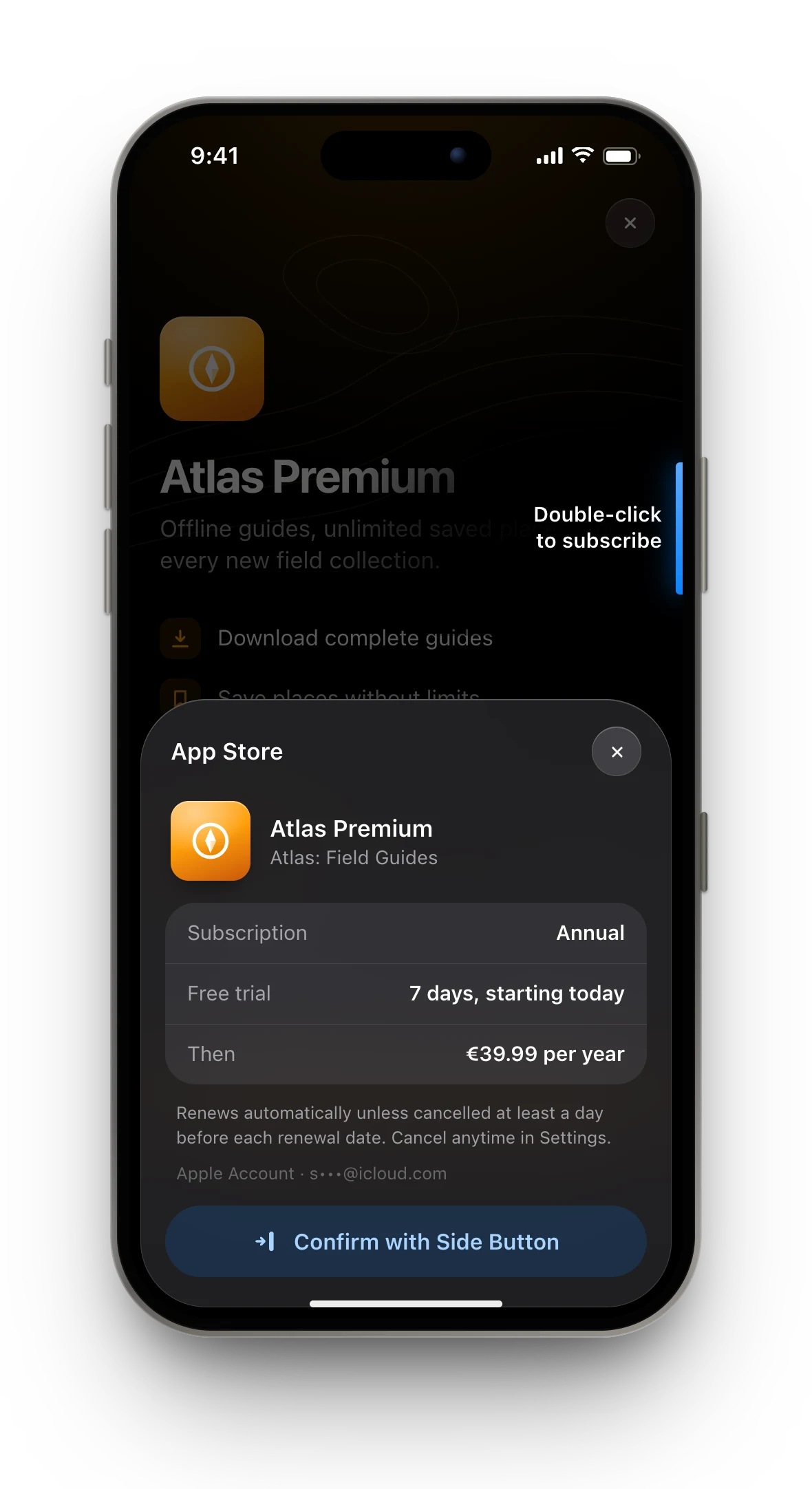 Reconstructed iPhone showing the Atlas Premium subscription page dimmed behind Apple's App Store purchase sheet: an annual subscription with a 7-day free trial, then €39.99 per year, confirmed with the side button.