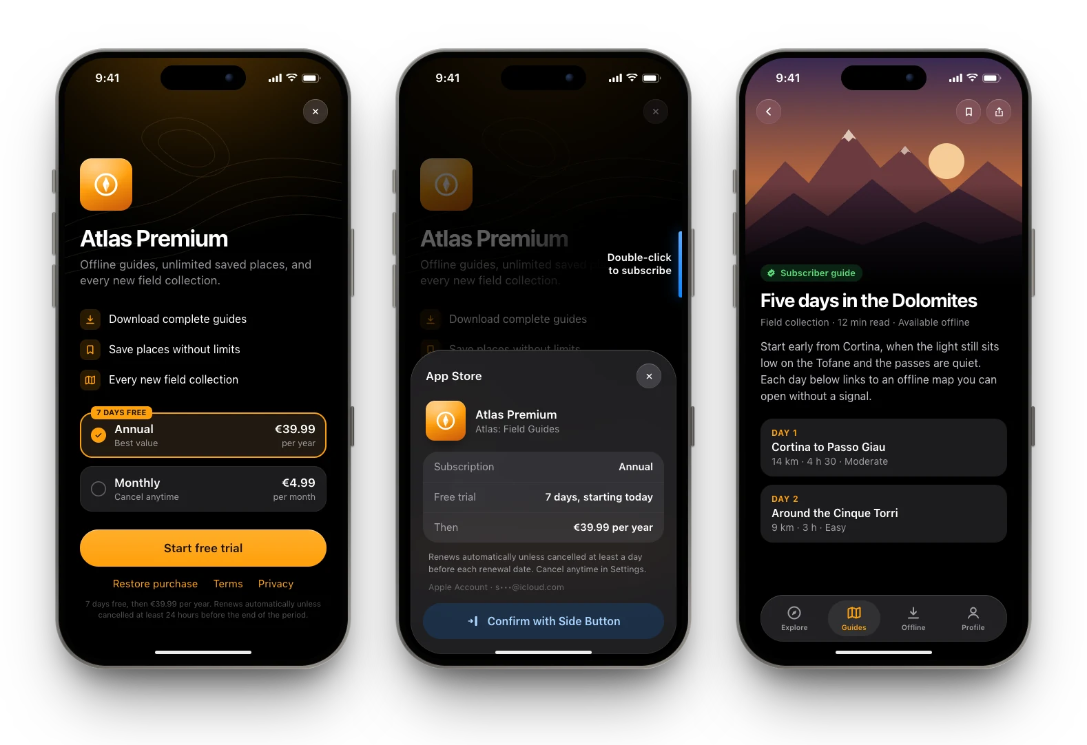 Three reconstructed iPhone screens. First, the subscription page shows the offers and a Restore purchase link. Then Apple's purchase sheet covers the dimmed page. Last, the subscriber guide is open and readable.