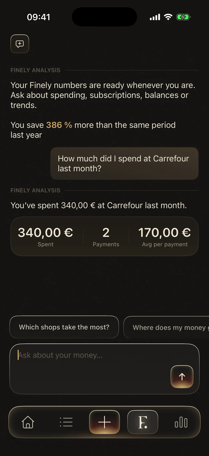 Finely's assistant answering “How much did I spend at Carrefour last month?” with “You've spent 340,00 € at Carrefour last month.” and a card: 340,00 € spent, 2 payments, 170,00 € average per payment.