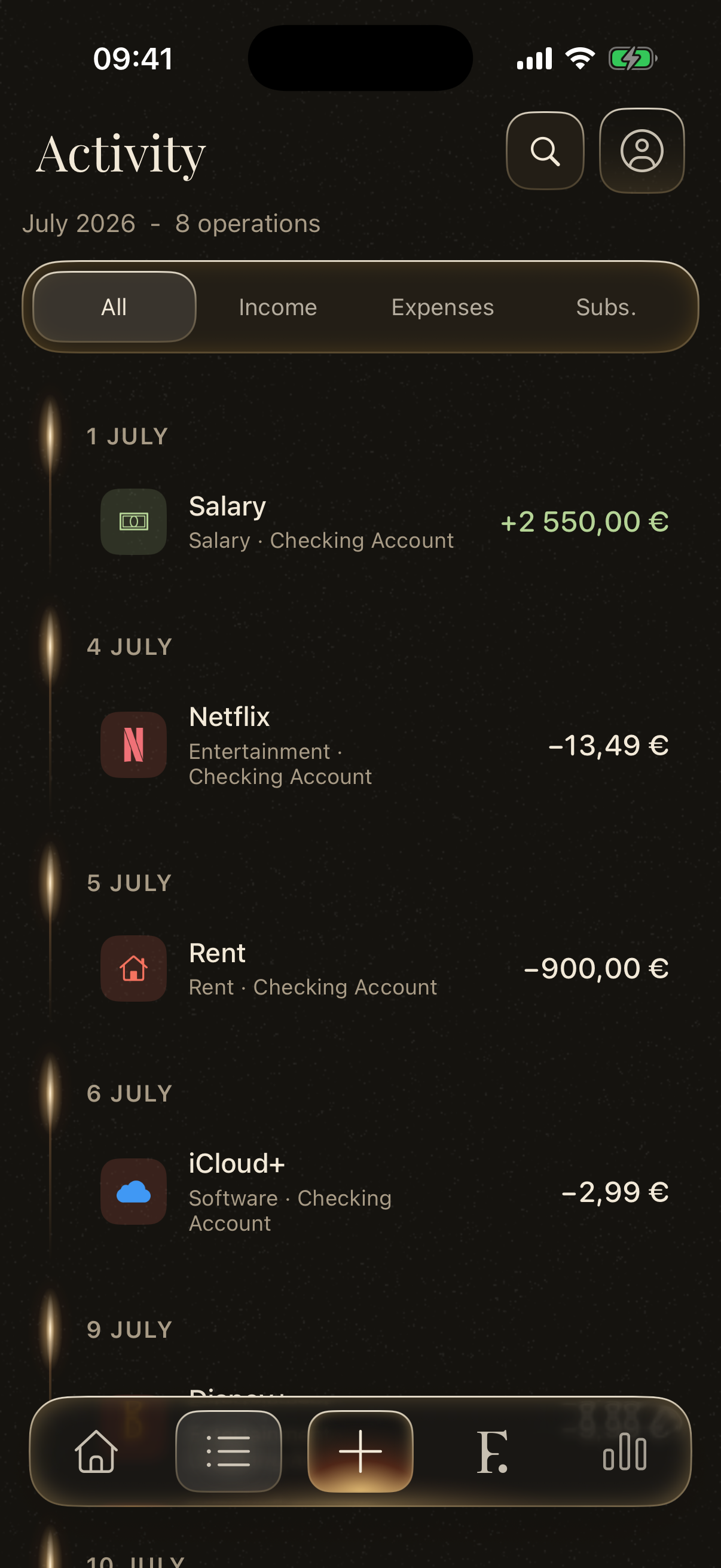 Finely Activity showing a searchable July transaction timeline with account and category context.
