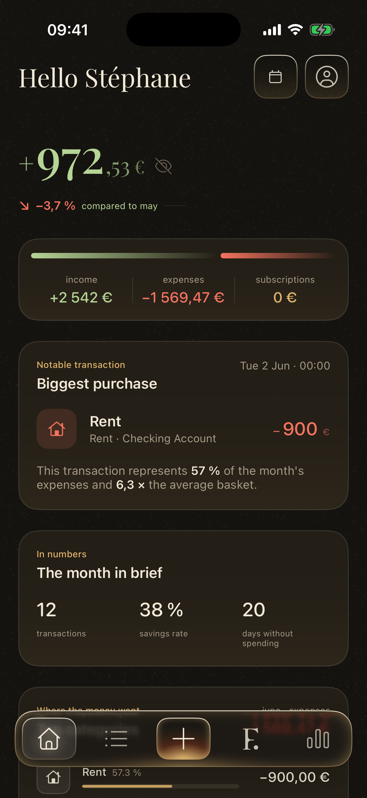 Finely Month Review comparing a completed month with its baseline and notable financial events.